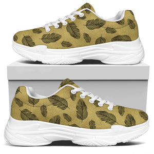 Black And Gold Feather Pattern Print White Chunky Shoes