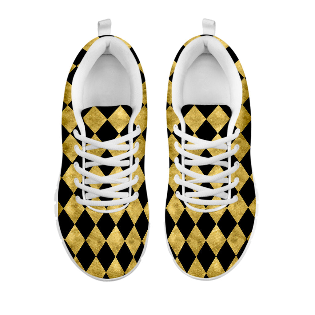 Black And Gold Harlequin Pattern Print White Running Shoes