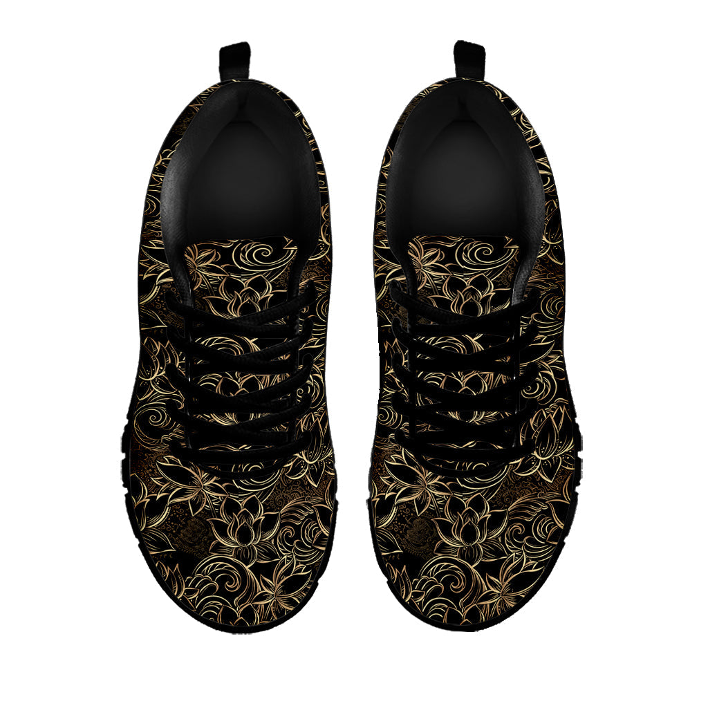 Black And Gold Lotus Pattern Print Black Running Shoes