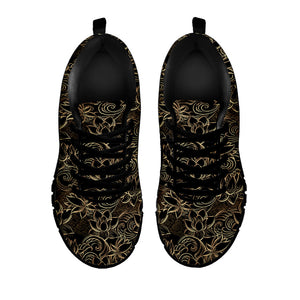 Black And Gold Lotus Pattern Print Black Running Shoes