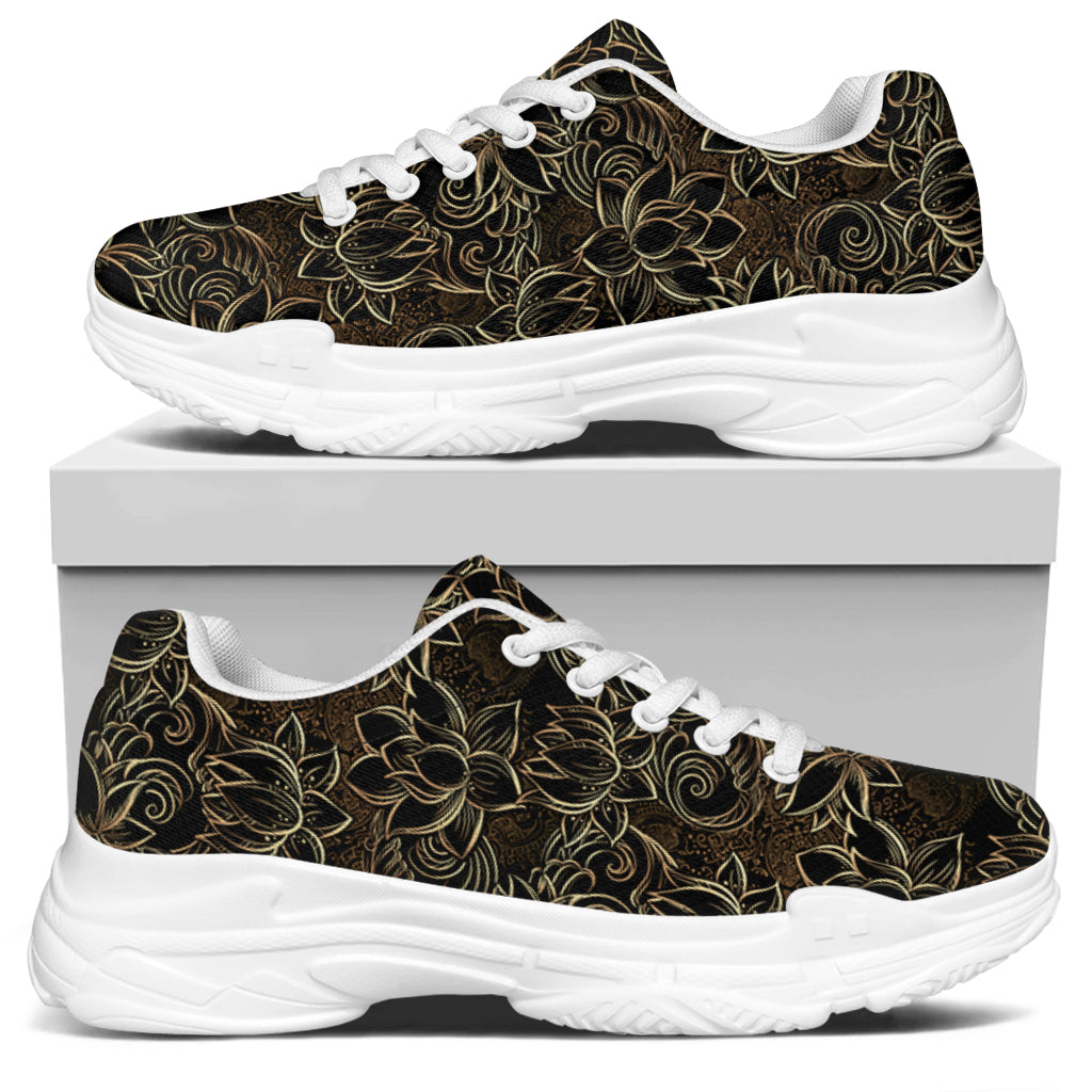 Black And Gold Lotus Pattern Print White Chunky Shoes