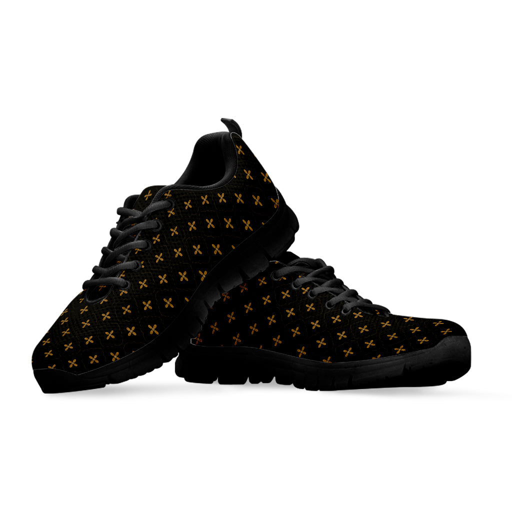 Black And Gold Orthodox Pattern Print Black Running Shoes