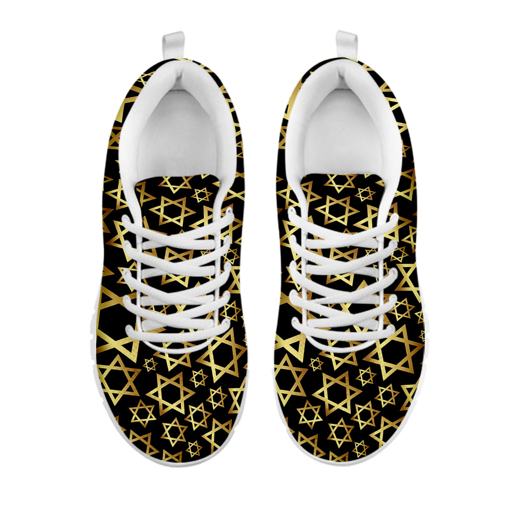 Black And Gold Star of David Print White Running Shoes