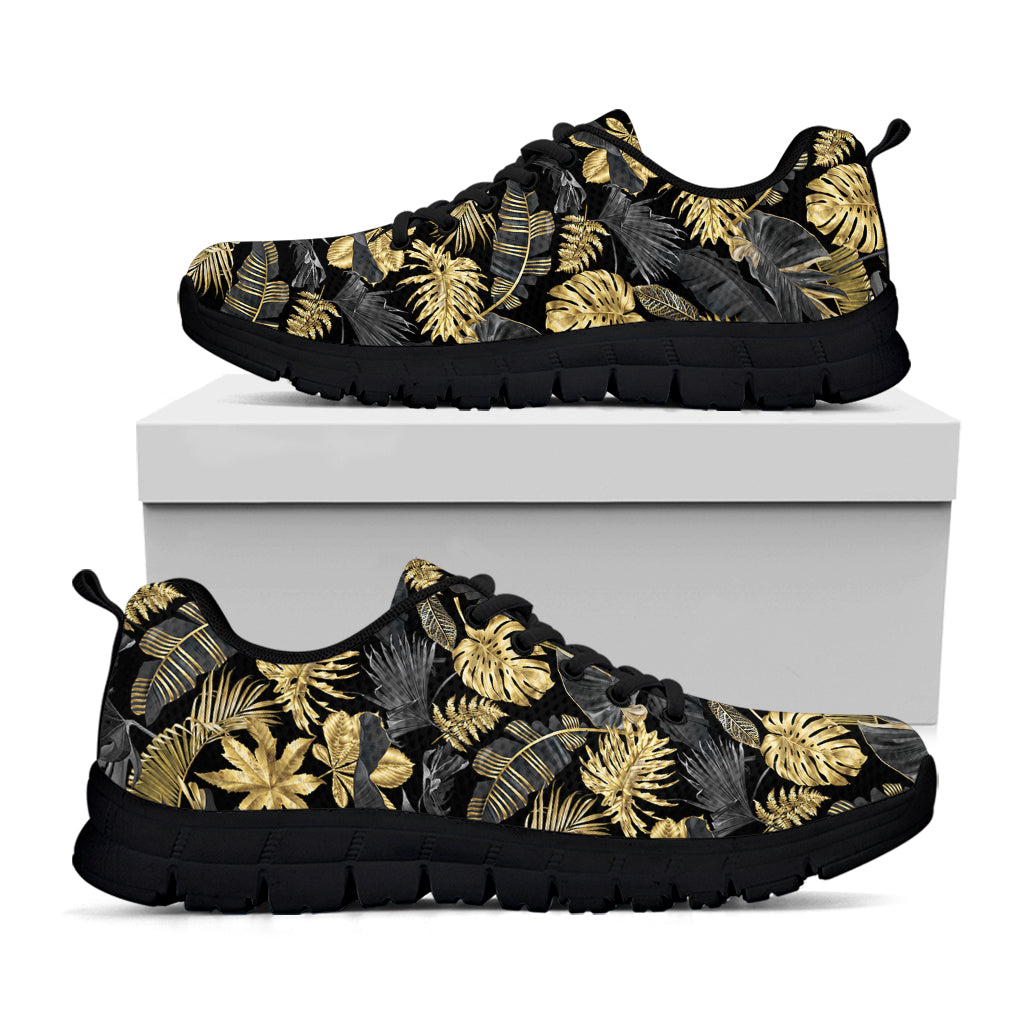 Black And Gold Tropical Pattern Print Black Running Shoes