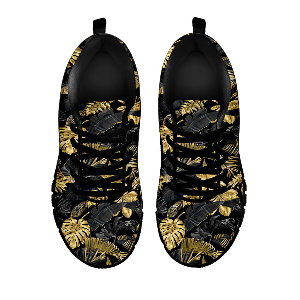 Black And Gold Tropical Pattern Print Black Running Shoes