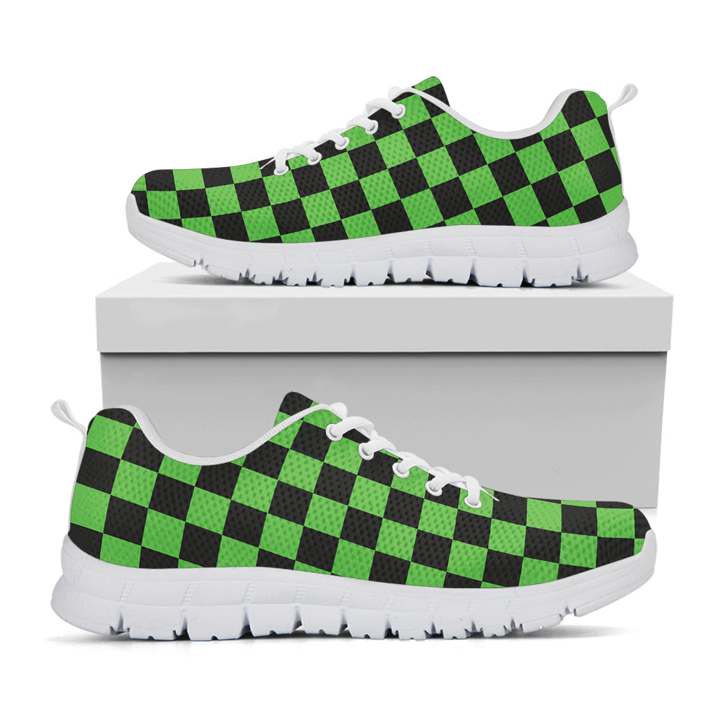 Black And Green Checkered Print White Running Shoes