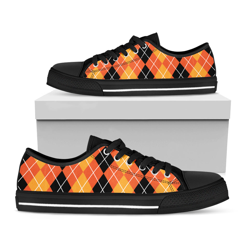 Black And Orange Argyle Pattern Print Black Low Top Sneakers