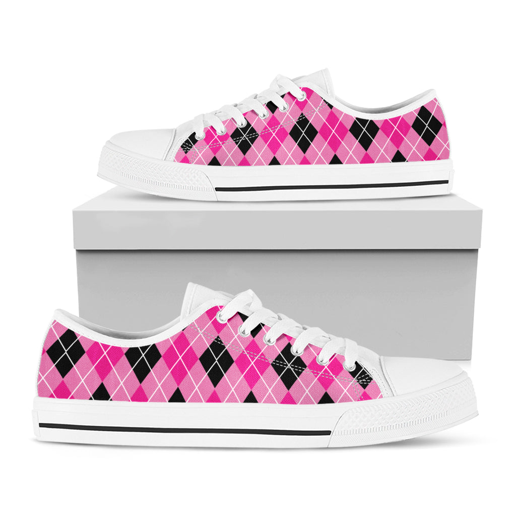 Black And Pink Argyle Pattern Print White Low Top Sneakers