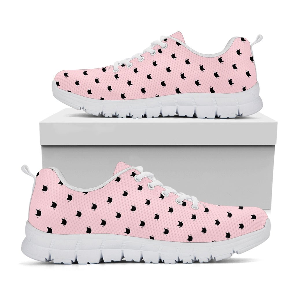 Black And Pink Cat Pattern Print White Running Shoes