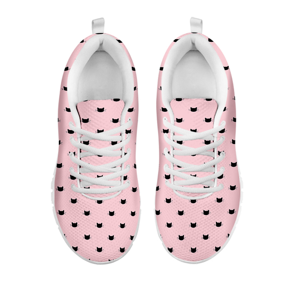 Black And Pink Cat Pattern Print White Running Shoes