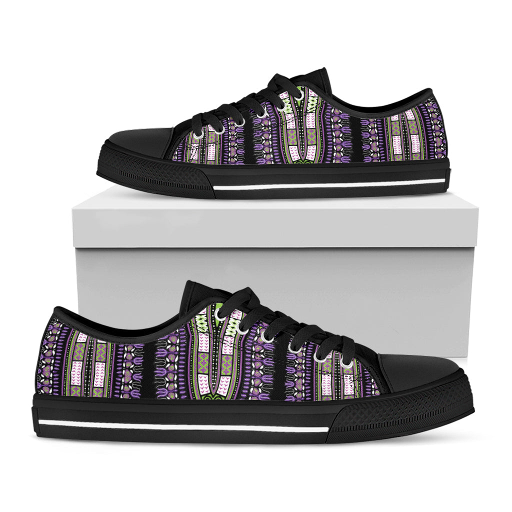 Black And Purple African Dashiki Print Black Low Top Sneakers