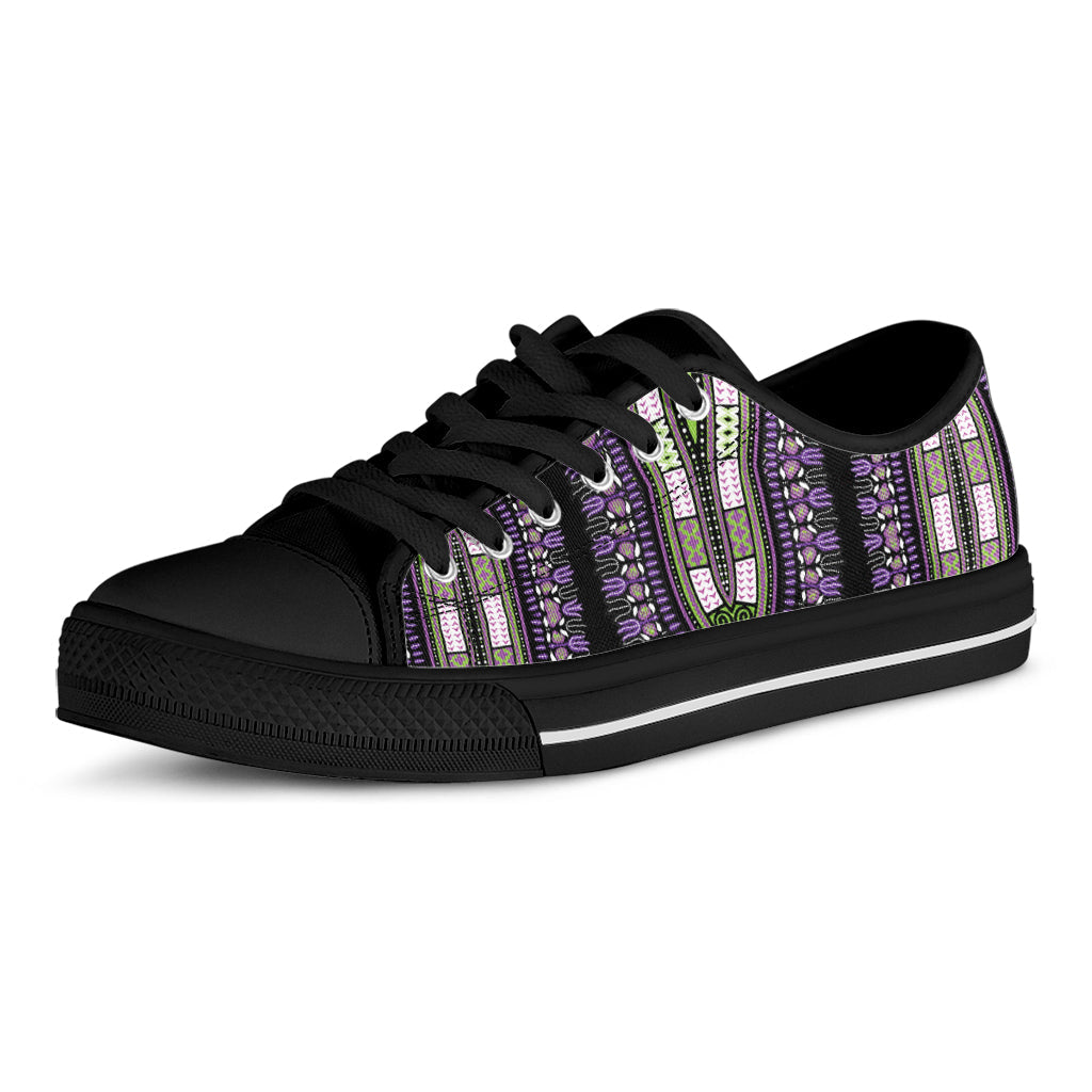 Black And Purple African Dashiki Print Black Low Top Sneakers