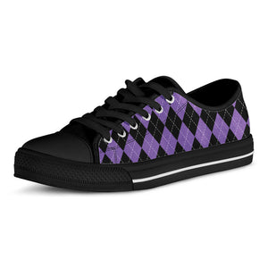 Black And Purple Argyle Pattern Print Black Low Top Sneakers