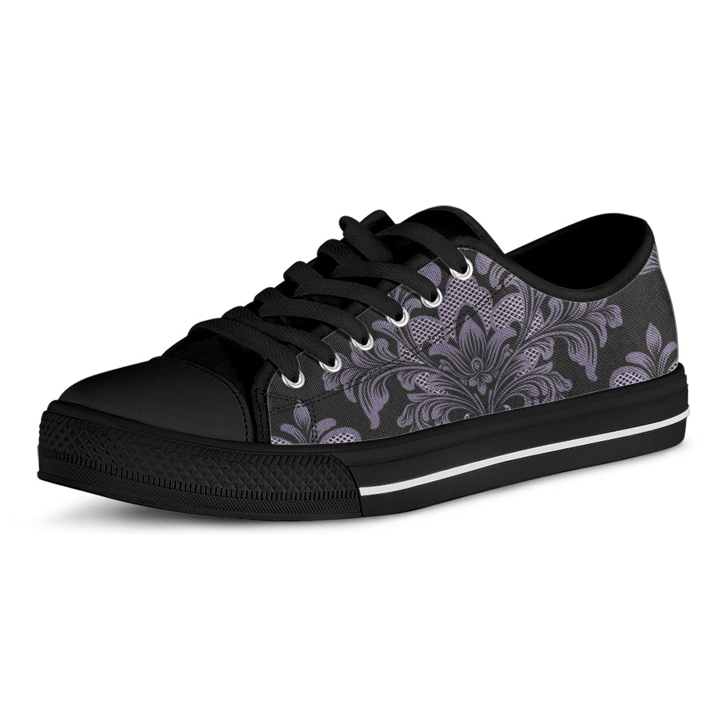 Black And Purple Damask Pattern Print Black Low Top Sneakers