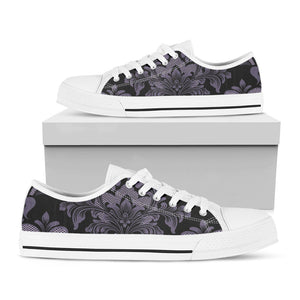 Black And Purple Damask Pattern Print White Low Top Sneakers