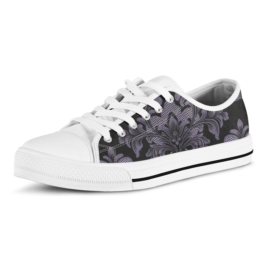 Black And Purple Damask Pattern Print White Low Top Sneakers