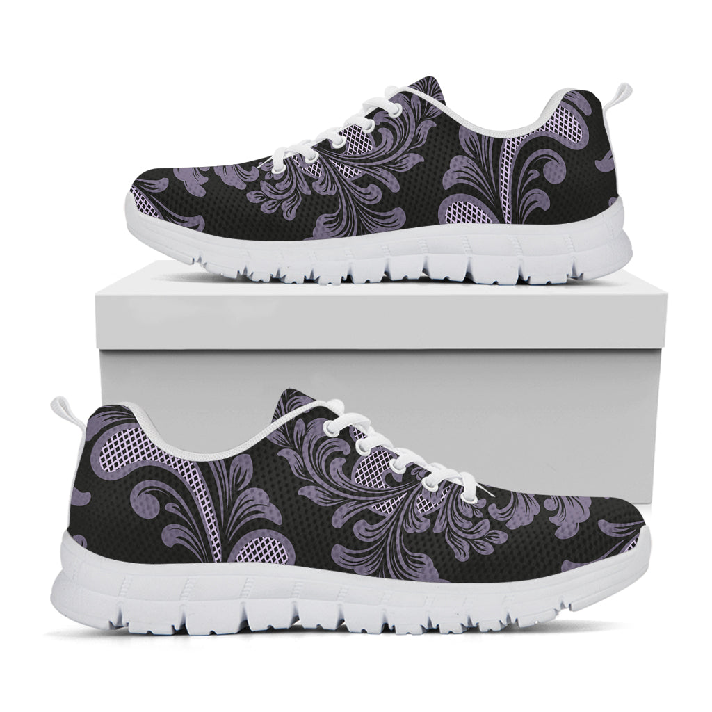 Black And Purple Damask Pattern Print White Running Shoes