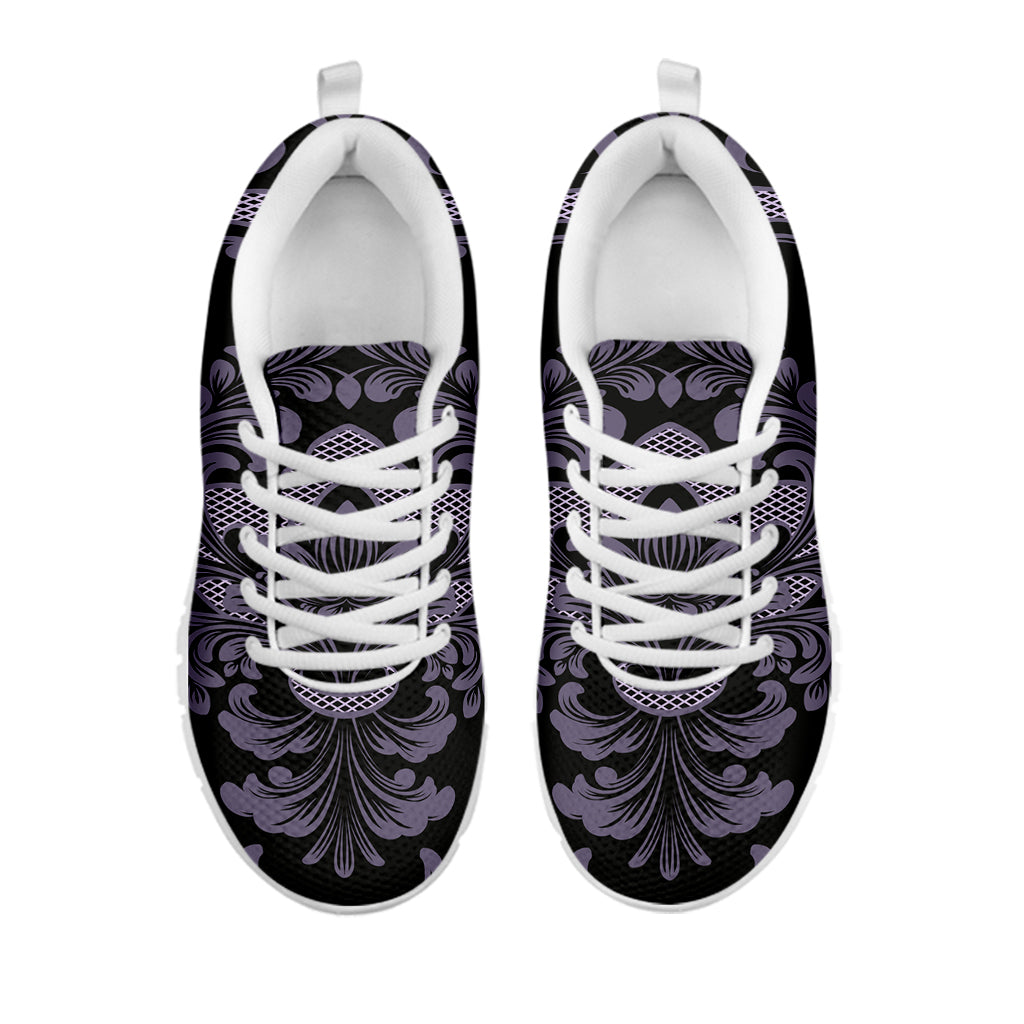 Black And Purple Damask Pattern Print White Running Shoes