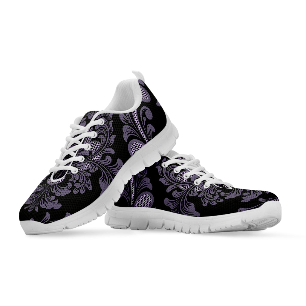 Black And Purple Damask Pattern Print White Running Shoes