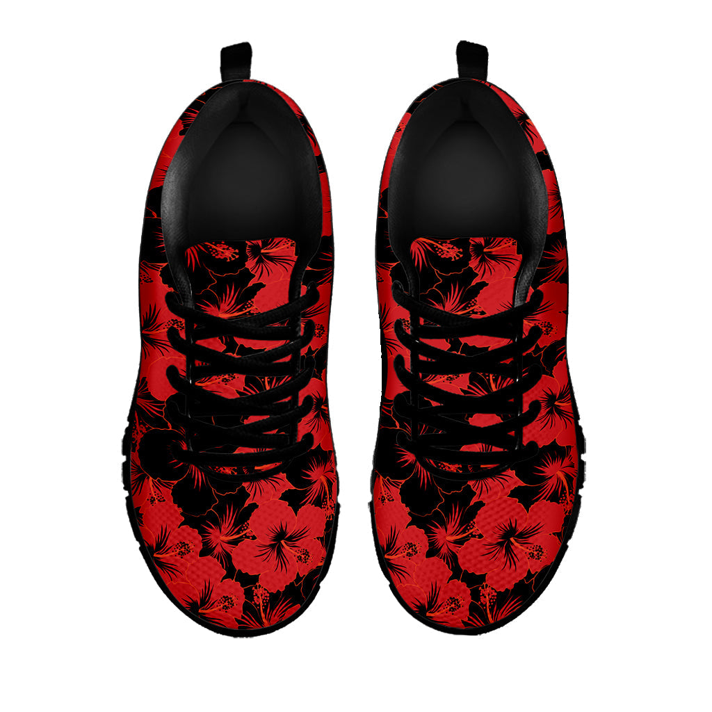 Black And Red Hibiscus Pattern Print Black Running Shoes