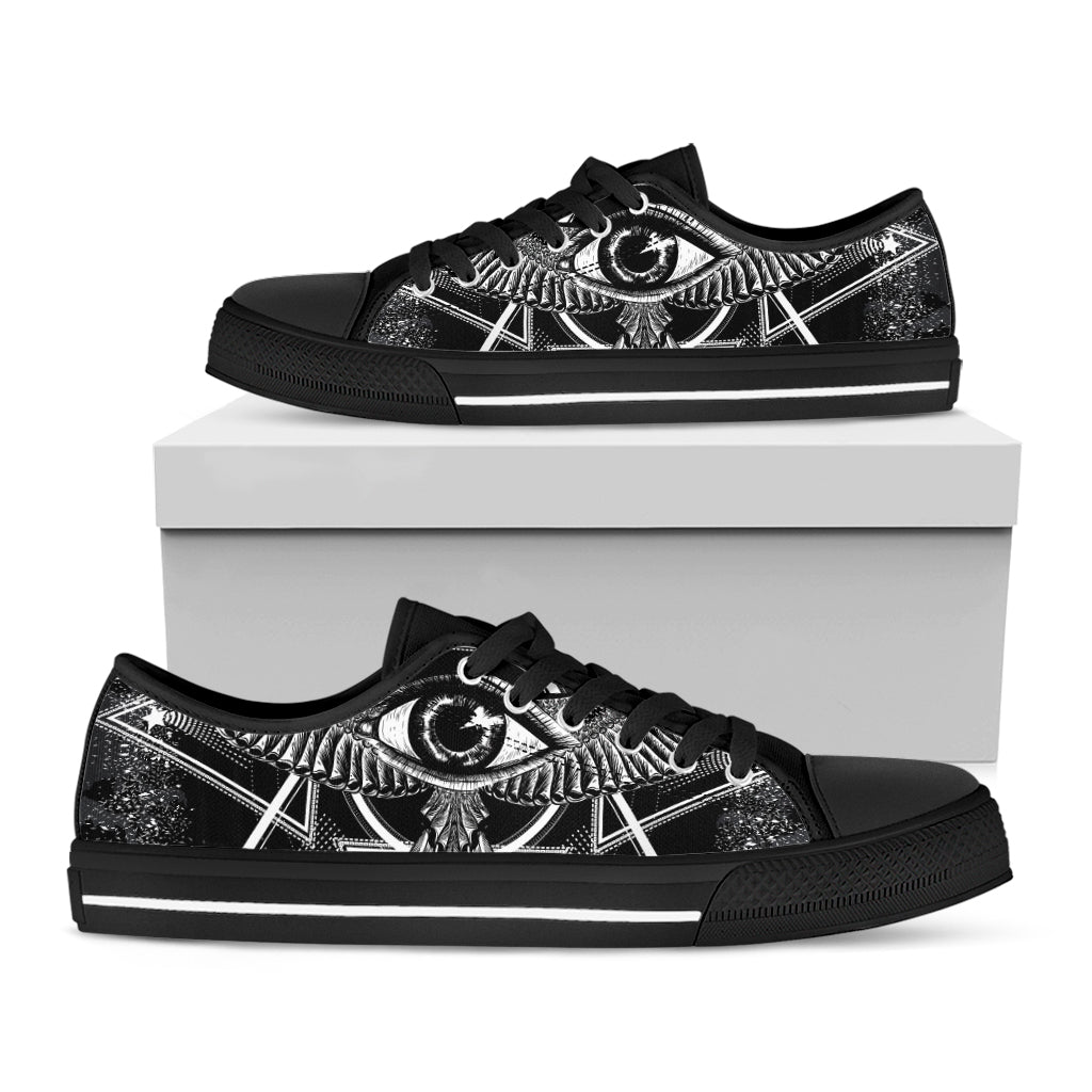Black And White All Seeing Eye Print Black Low Top Sneakers
