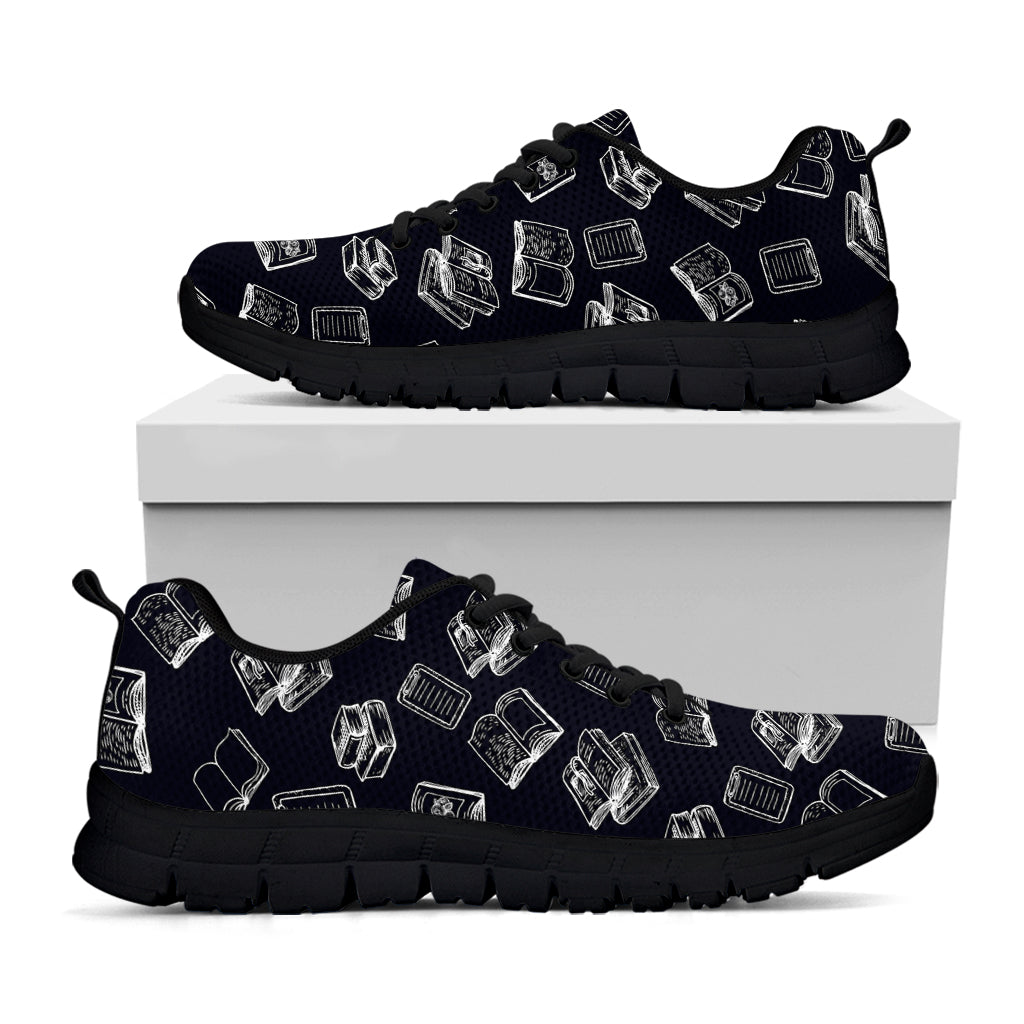 Black And White Books Pattern Print Black Running Shoes