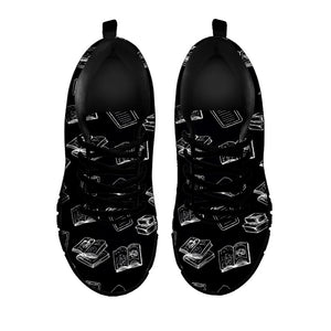 Black And White Books Pattern Print Black Running Shoes
