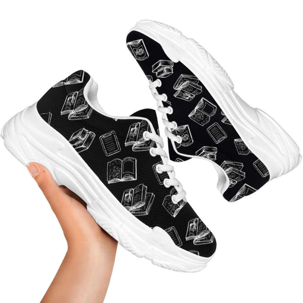 Black And White Books Pattern Print White Chunky Shoes