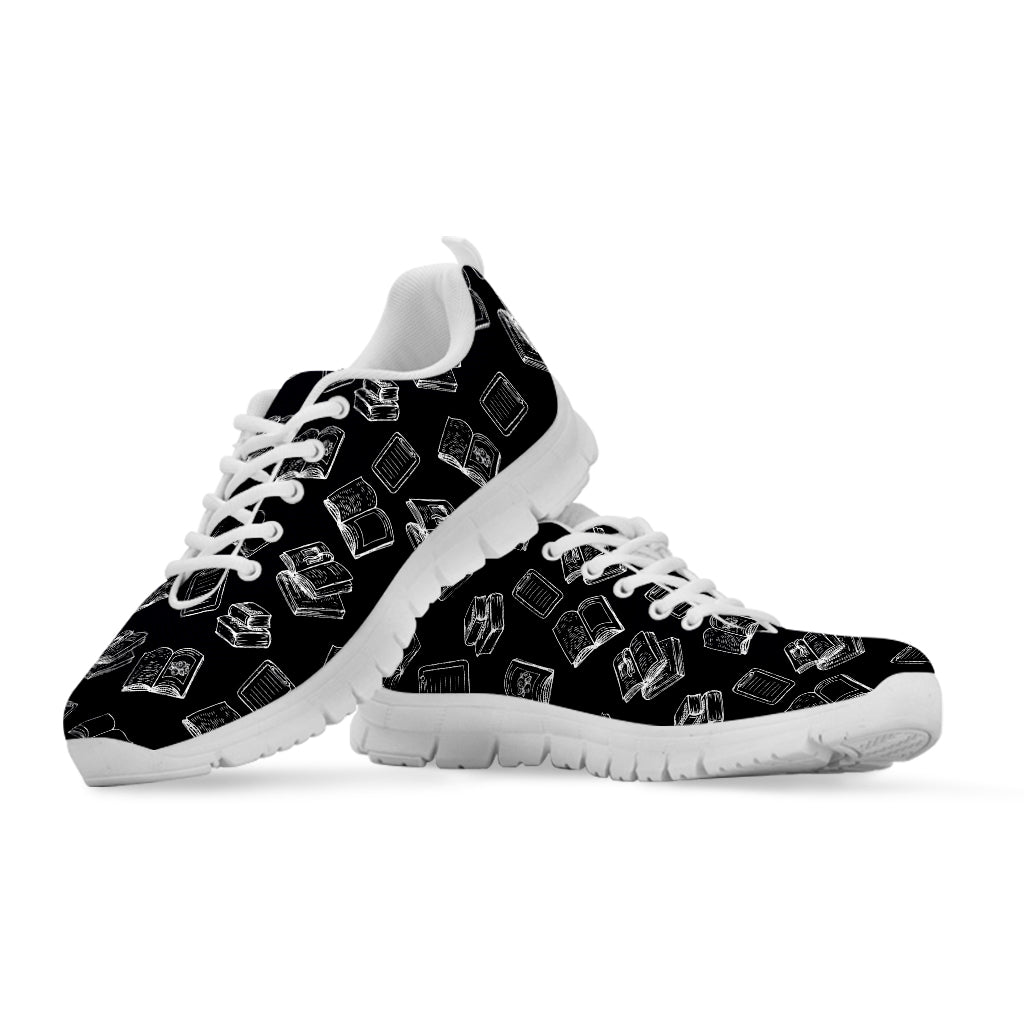 Black And White Books Pattern Print White Running Shoes