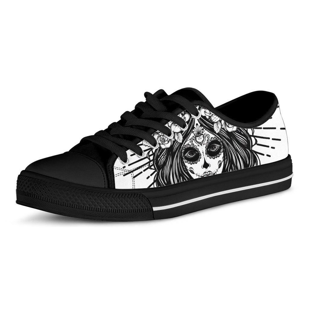 Black And White Calavera Girl Print Black Low Top Sneakers