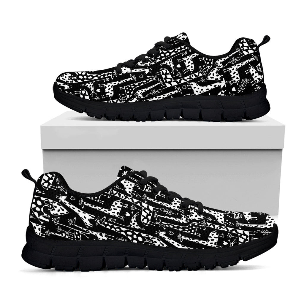 Black And White Cartoon Giraffe Print Black Running Shoes