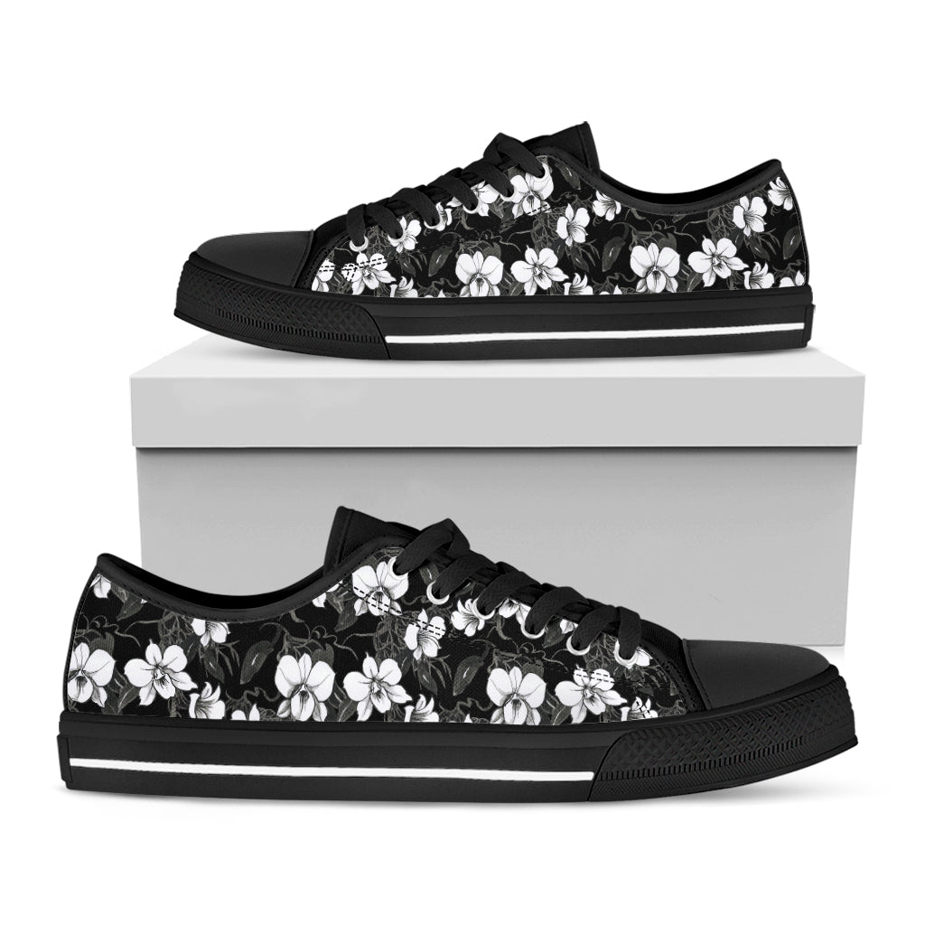 Black And White Cattleya Pattern Print Black Low Top Sneakers