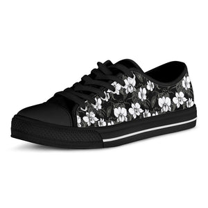 Black And White Cattleya Pattern Print Black Low Top Sneakers