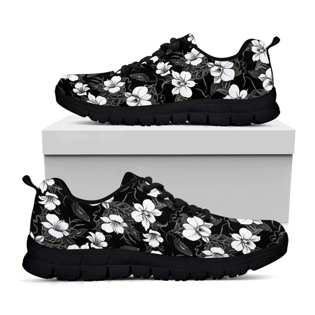 Black And White Cattleya Pattern Print Black Running Shoes