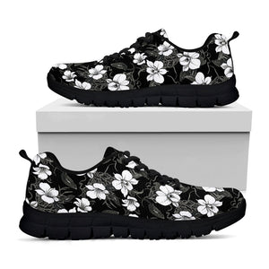 Black And White Cattleya Pattern Print Black Running Shoes