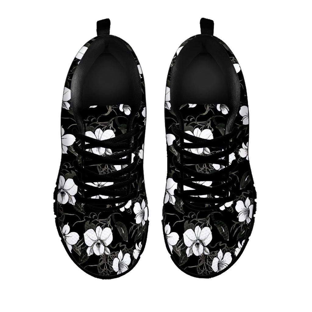 Black And White Cattleya Pattern Print Black Running Shoes