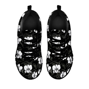 Black And White Cattleya Pattern Print Black Running Shoes