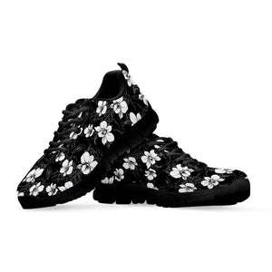Black And White Cattleya Pattern Print Black Running Shoes