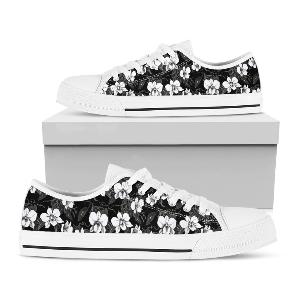 Black And White Cattleya Pattern Print White Low Top Sneakers
