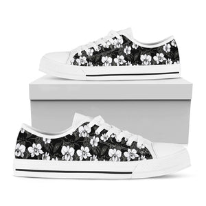 Black And White Cattleya Pattern Print White Low Top Sneakers