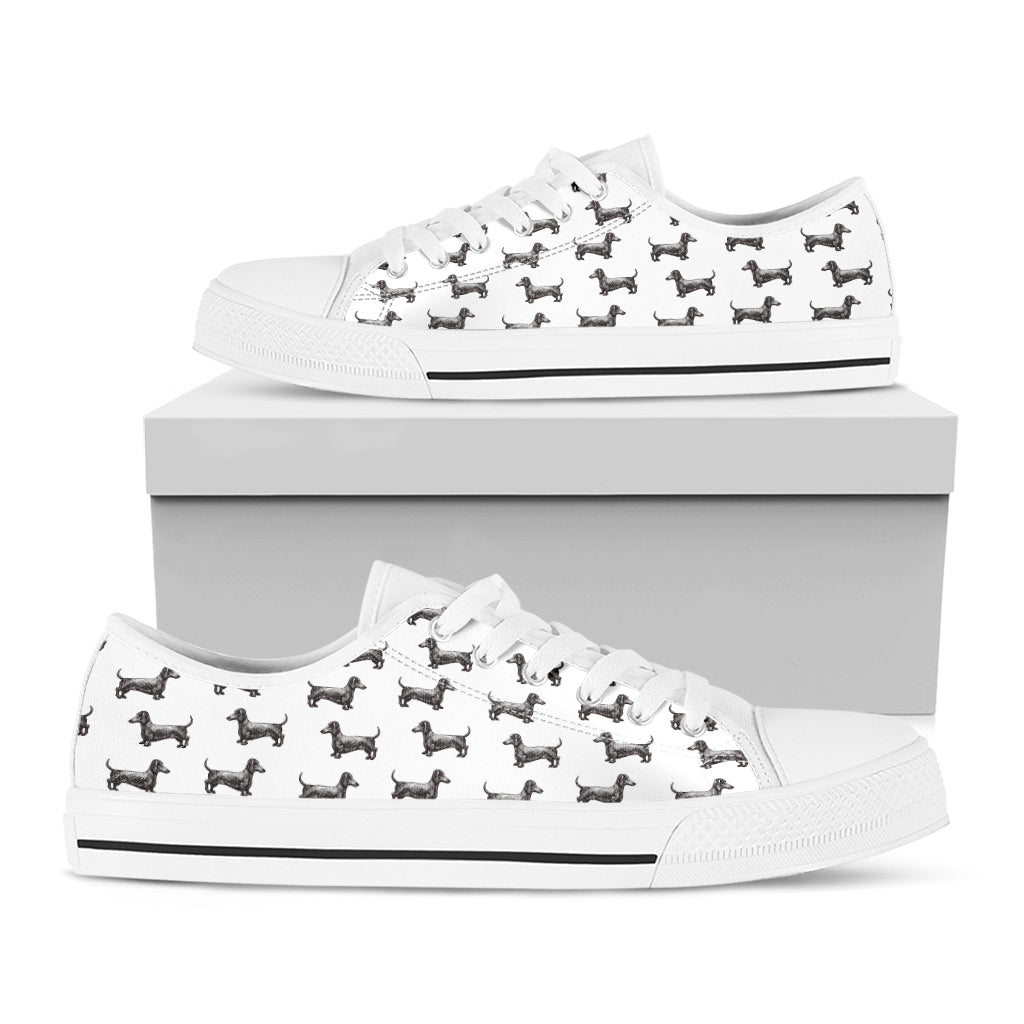 Black And White Dachshund Pattern Print White Low Top Sneakers