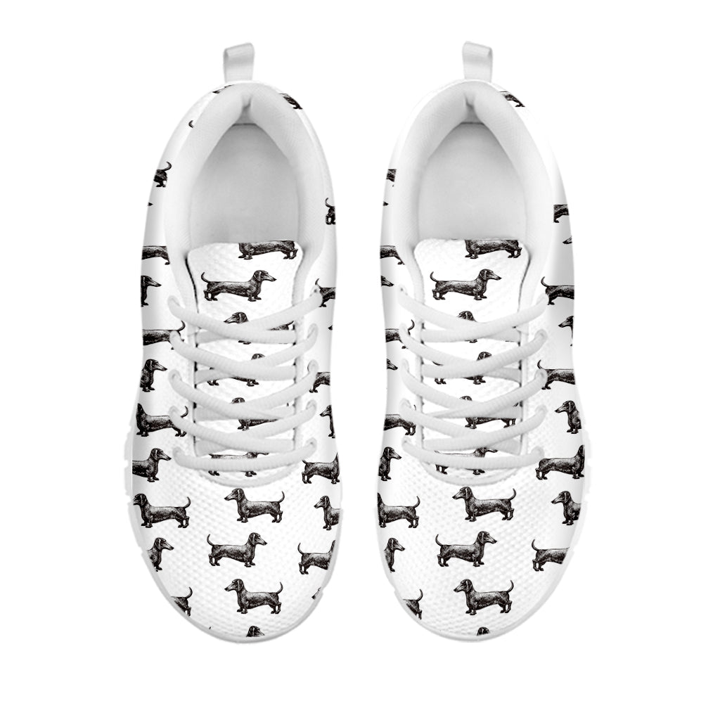 Black And White Dachshund Pattern Print White Running Shoes