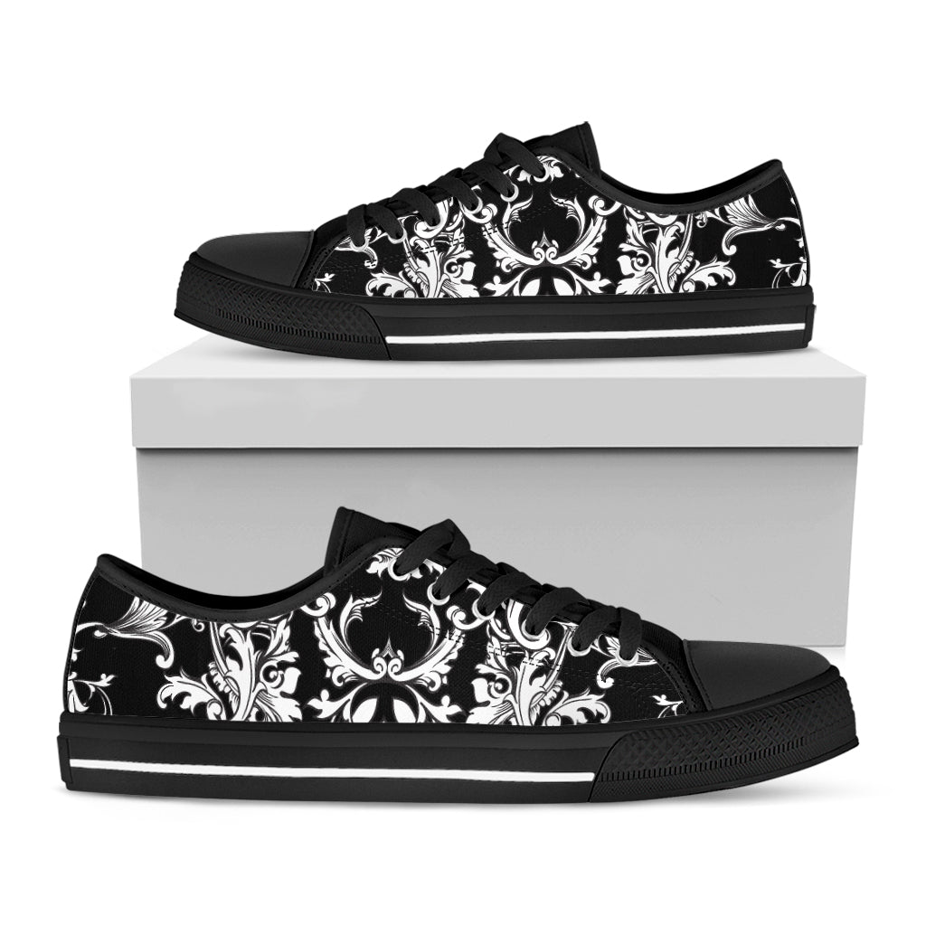 Black And White Damask Pattern Print Black Low Top Sneakers