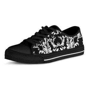 Black And White Damask Pattern Print Black Low Top Sneakers