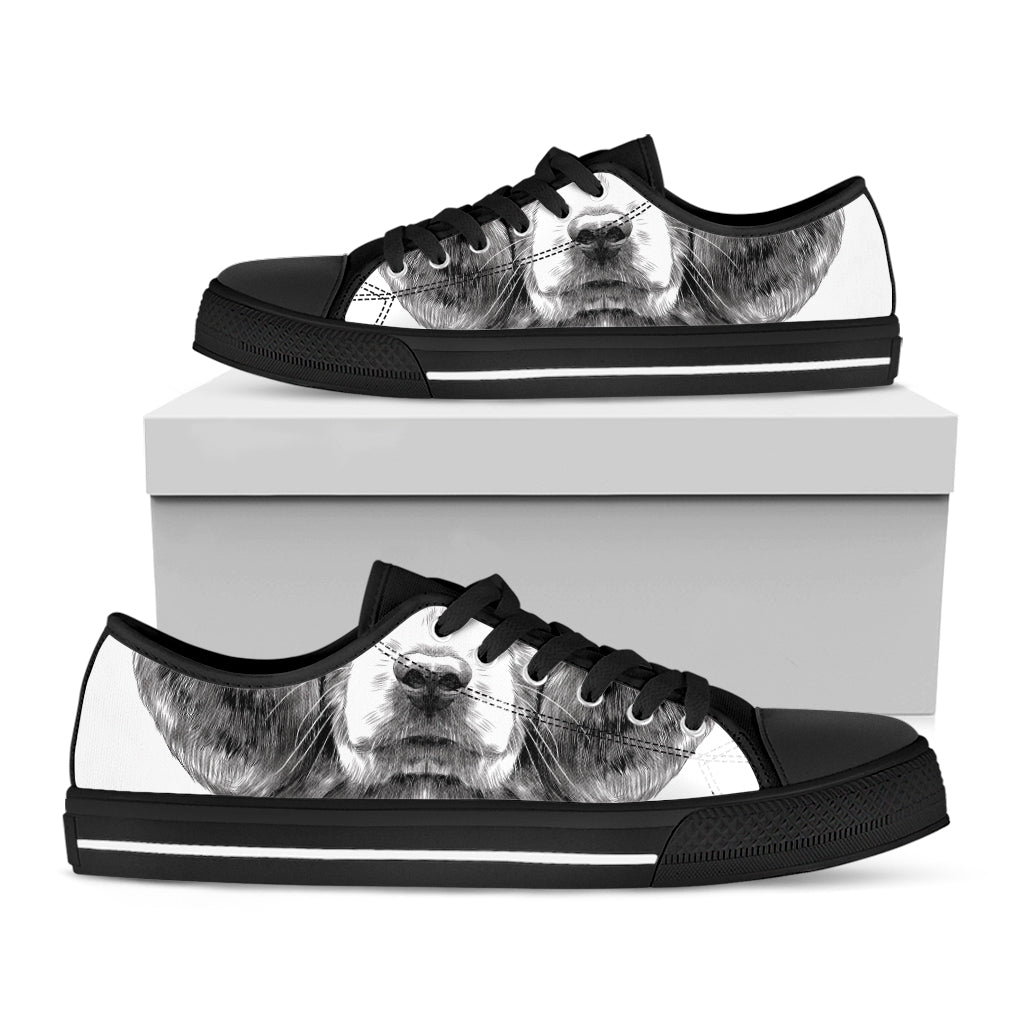 Black And White Drawing Beagle Print Black Low Top Sneakers