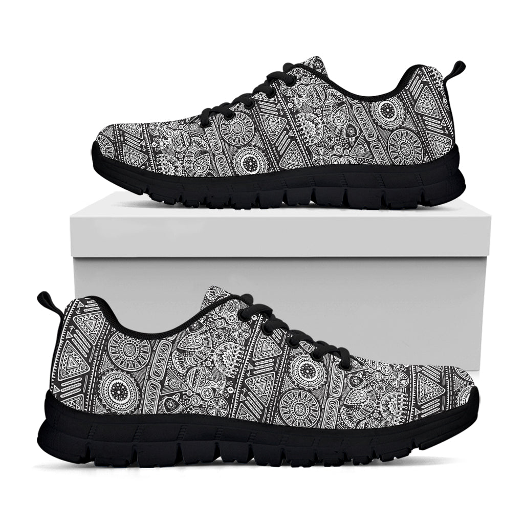 Black And White Ethnic Pattern Print Black Running Shoes
