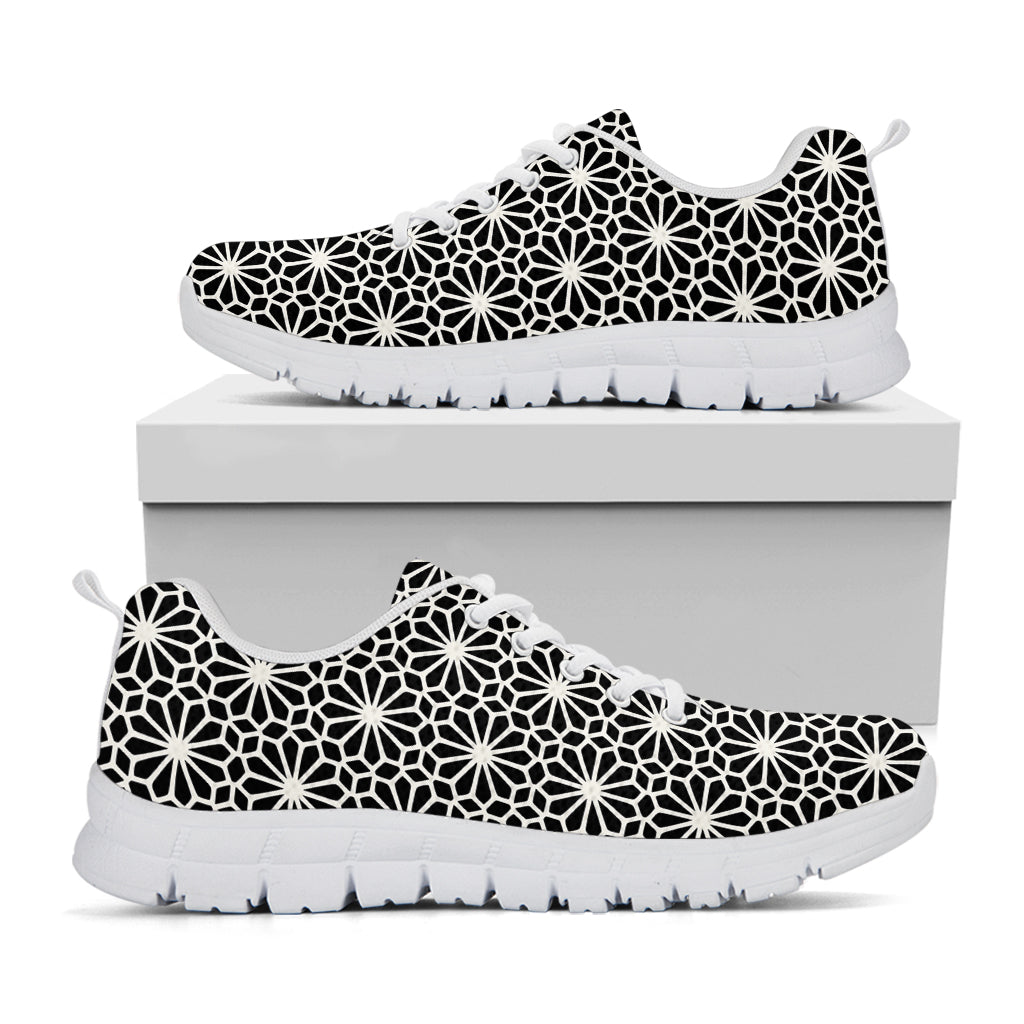 Black And White Geometric Floral Print White Running Shoes