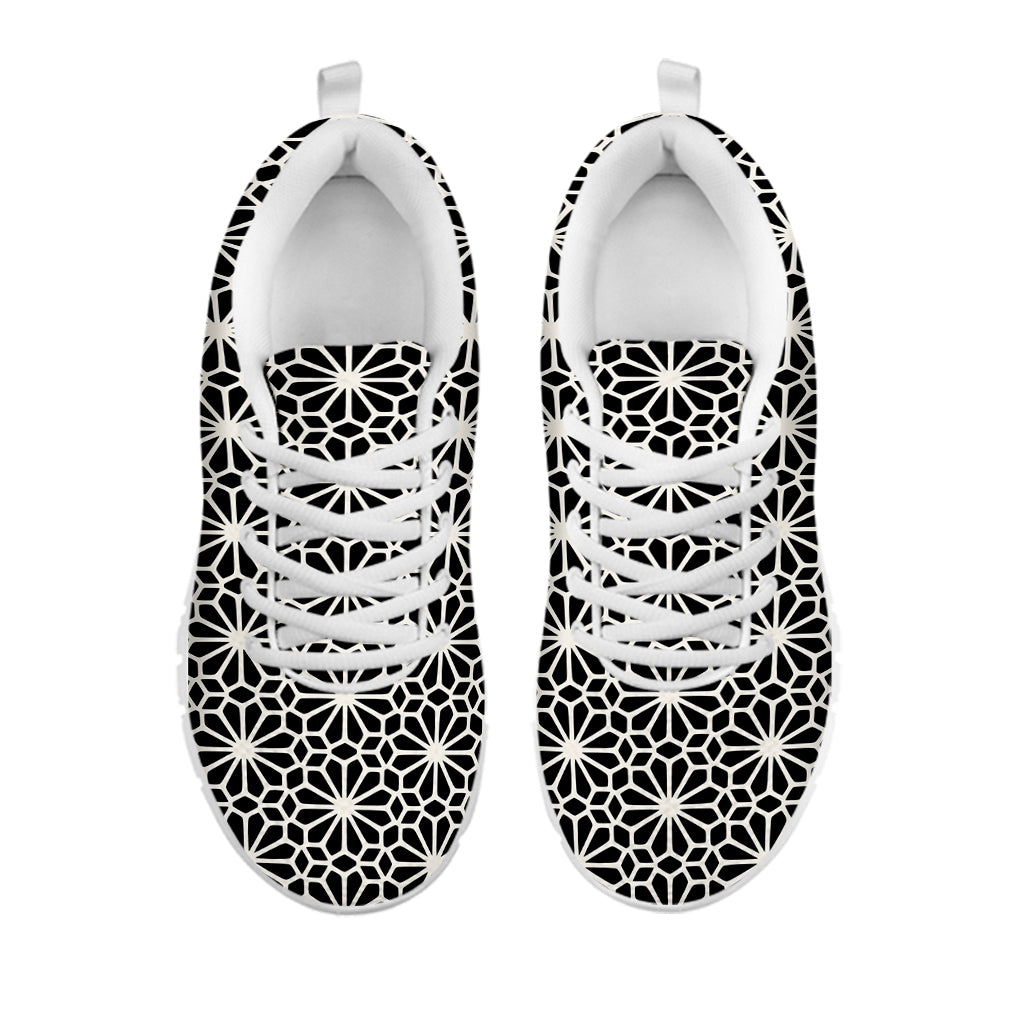 Black And White Geometric Floral Print White Running Shoes