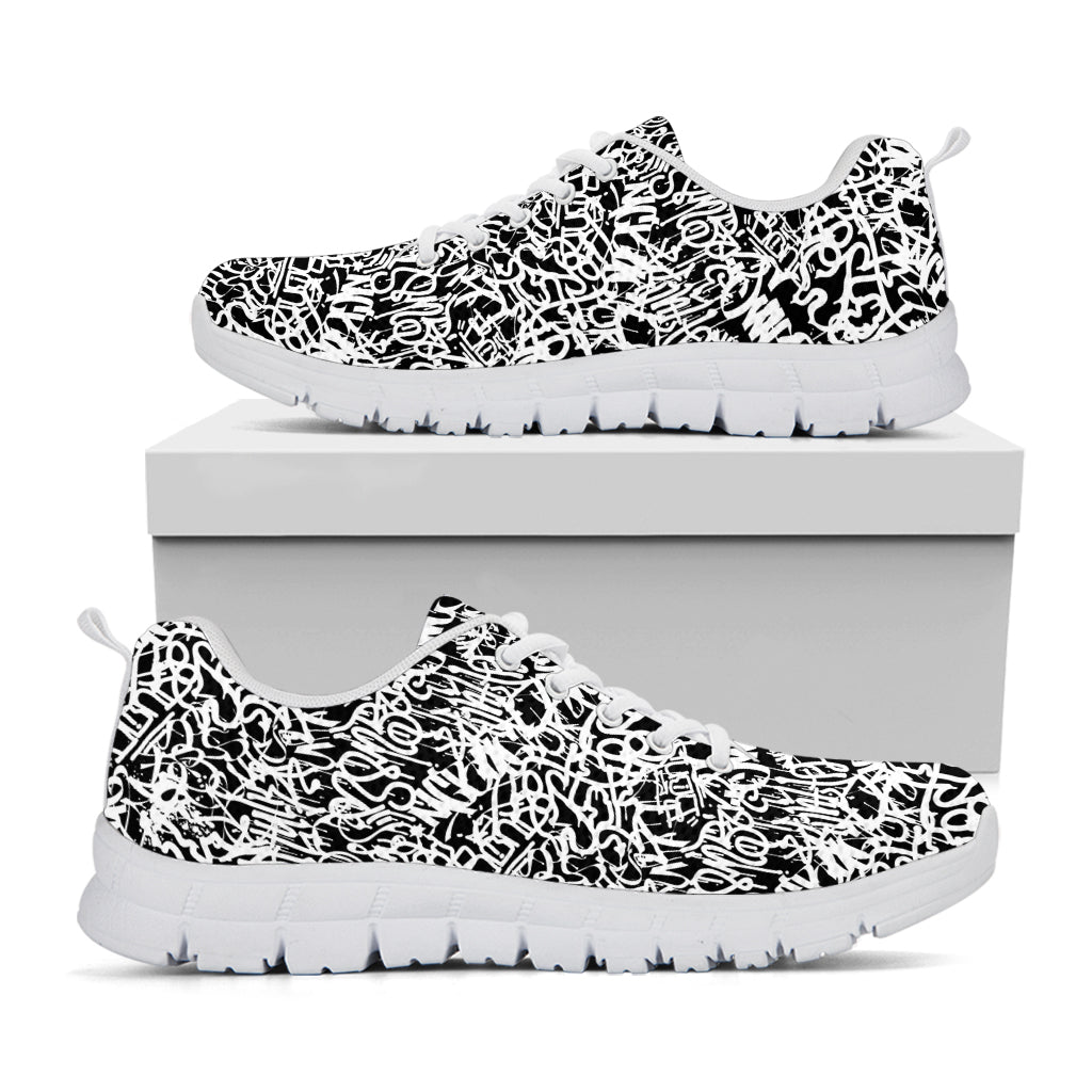 Black And White Graffiti Pattern Print White Running Shoes