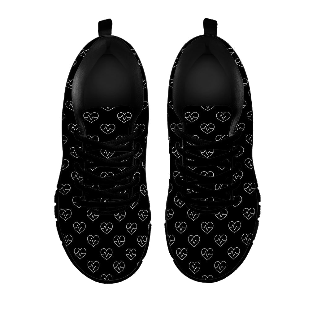 Black And White Heartbeat Pattern Print Black Running Shoes